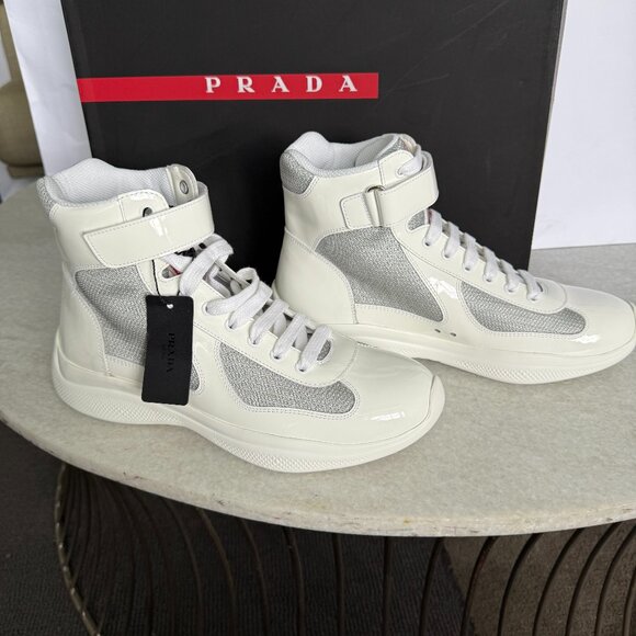 PRADA 4T3461 America’s Cup Bike High Top Sneakers White & Silver, UK 6 & 6.5 - Picture 1 of 13